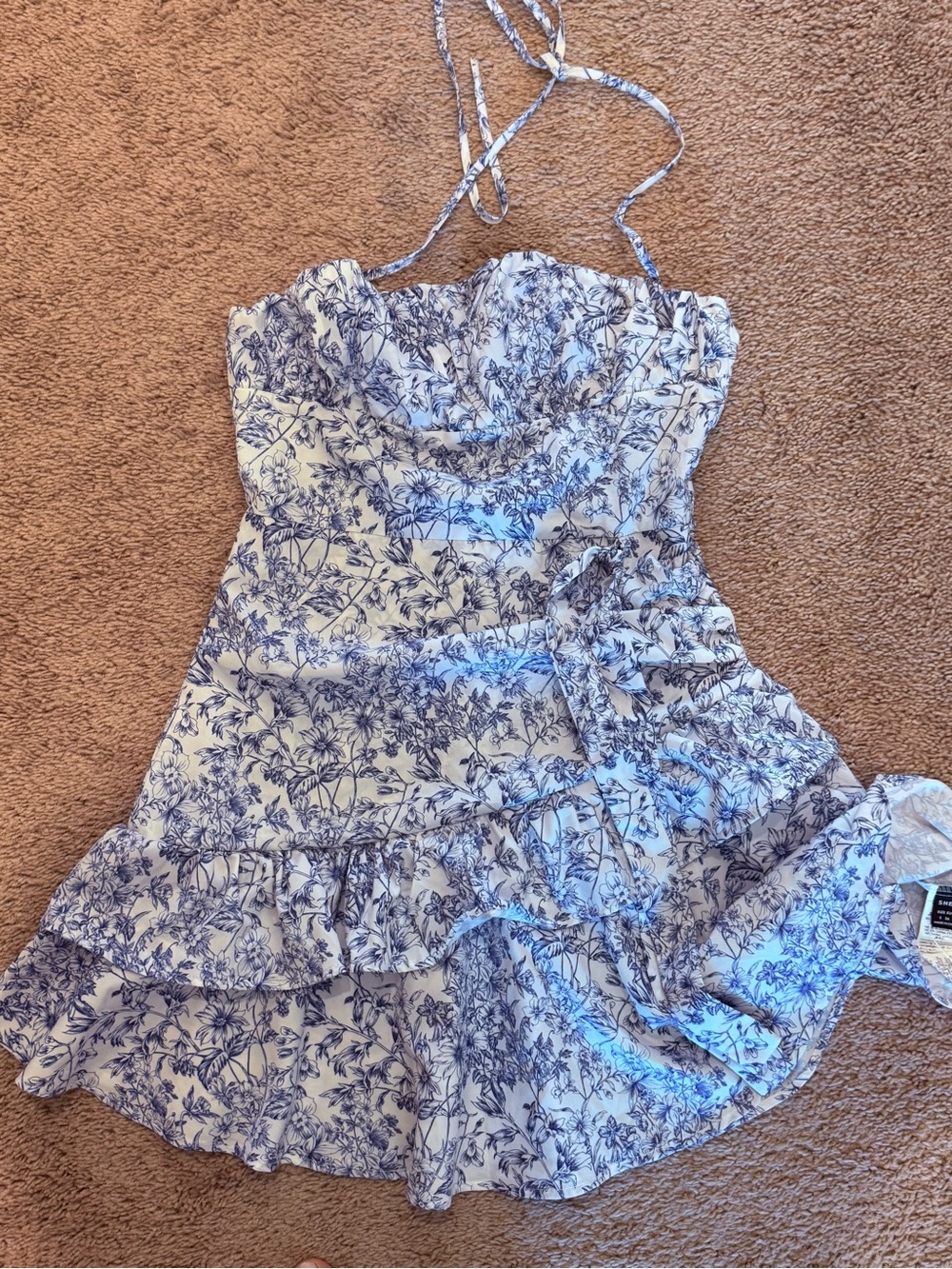 SHEIN White/ Blue Floral Ruffle Sundress